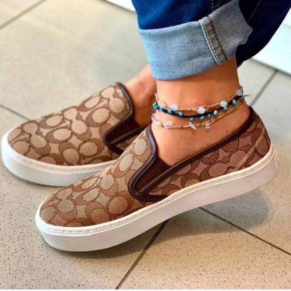 Coach Chrissy Logo Slip On Sneakers Brown Size 7.5 - Picture 1 of 10